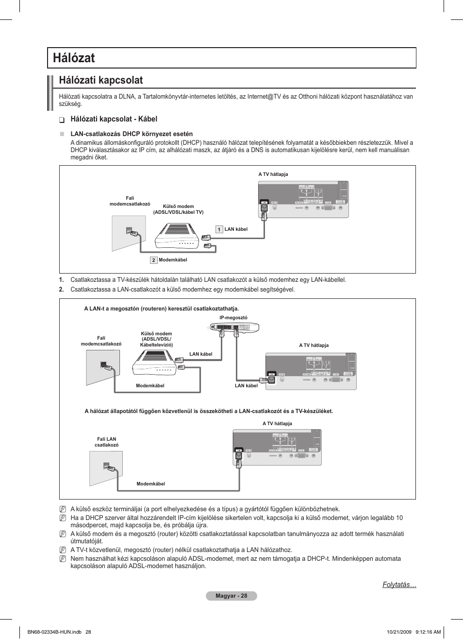 Hálózat, Hálózati kapcsolat, Hálózati kapcsolat - kábel | Samsung PS58B850Y1W User Manual | Page 103 / 654