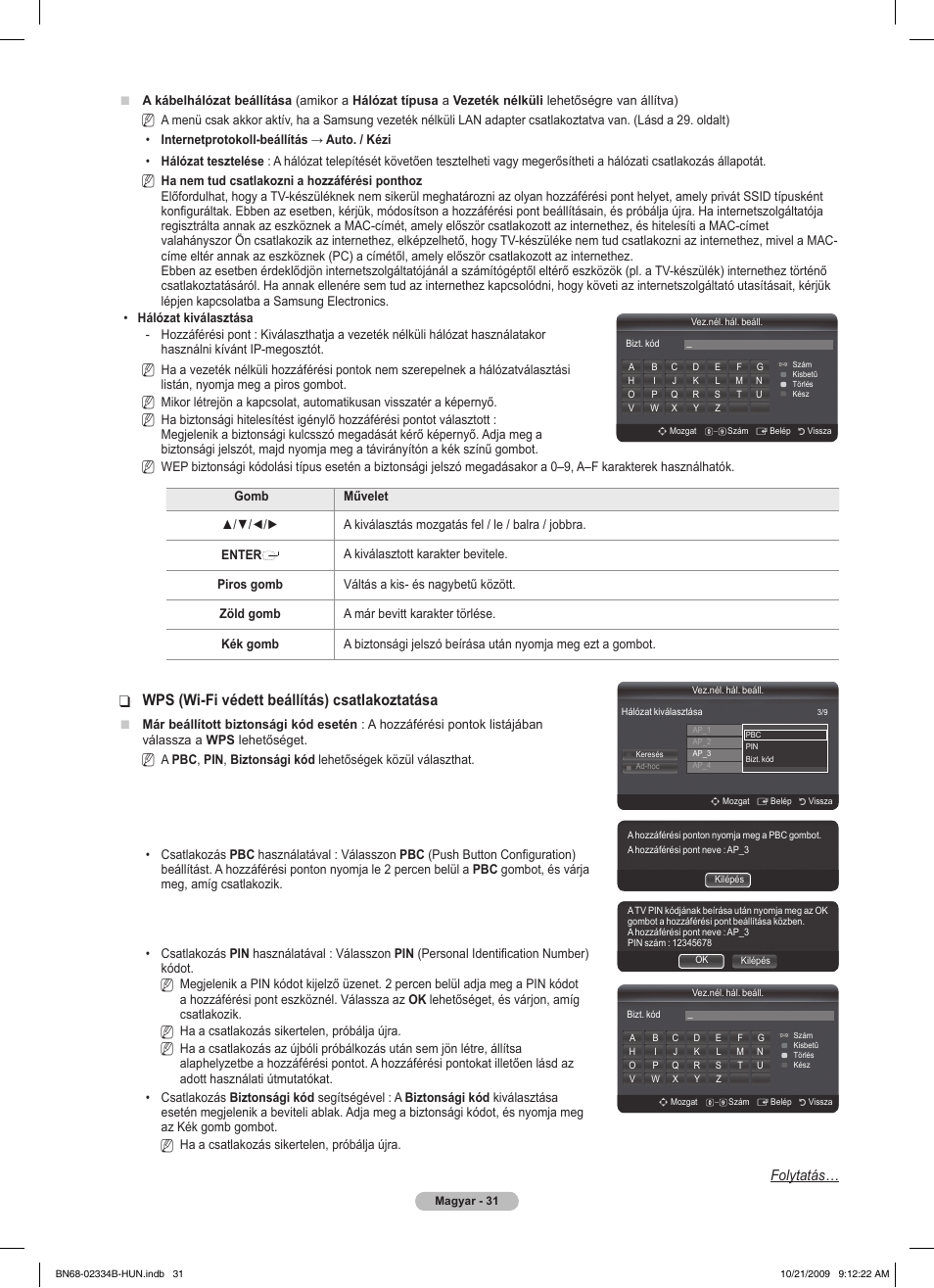 Wps (wi-fi védett beállítás) csatlakoztatása, Folytatás | Samsung PS58B850Y1W User Manual | Page 106 / 654