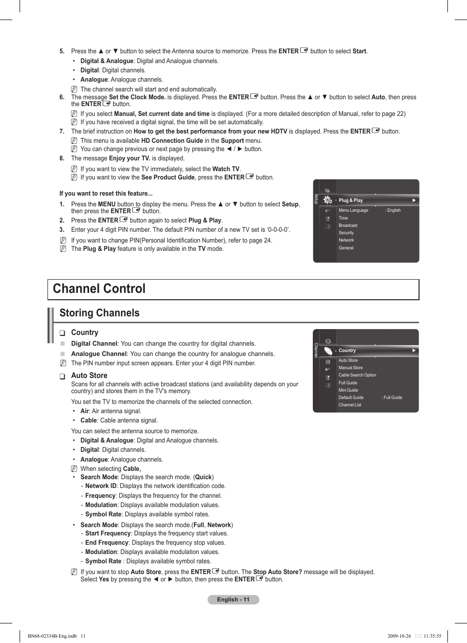 Channel control, Storing channels | Samsung PS58B850Y1W User Manual | Page 11 / 654