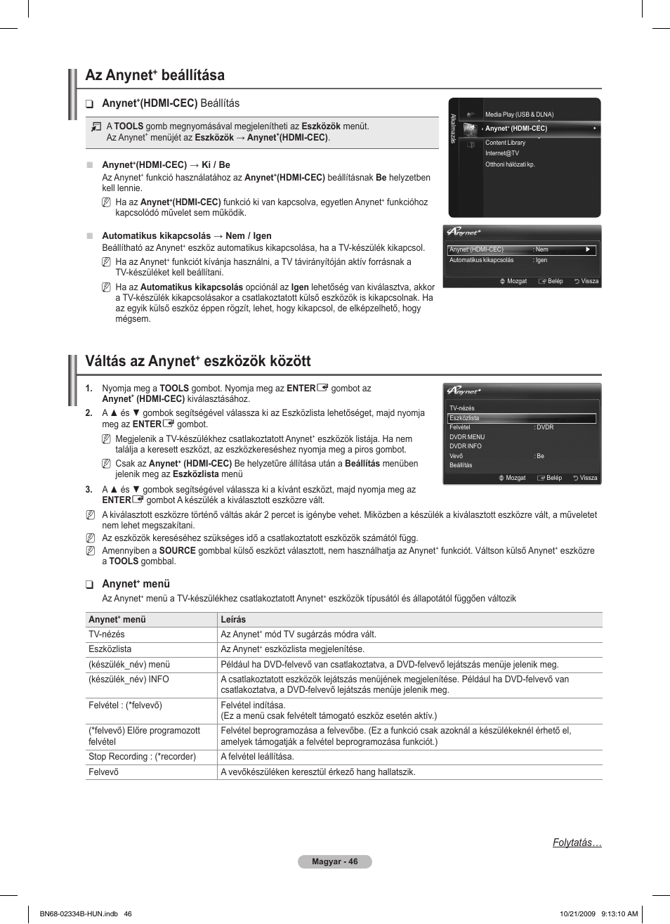 Az anynet, Beállítása, Váltás az anynet | Eszközök között, Anynet, Hdmi-cec) beállítás, Menü | Samsung PS58B850Y1W User Manual | Page 121 / 654