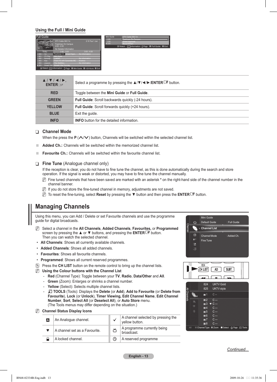 Managing channels, Channel mode, Fine tune ❑ (analogue channel only) | Using the full / mini guide, Continued | Samsung PS58B850Y1W User Manual | Page 13 / 654