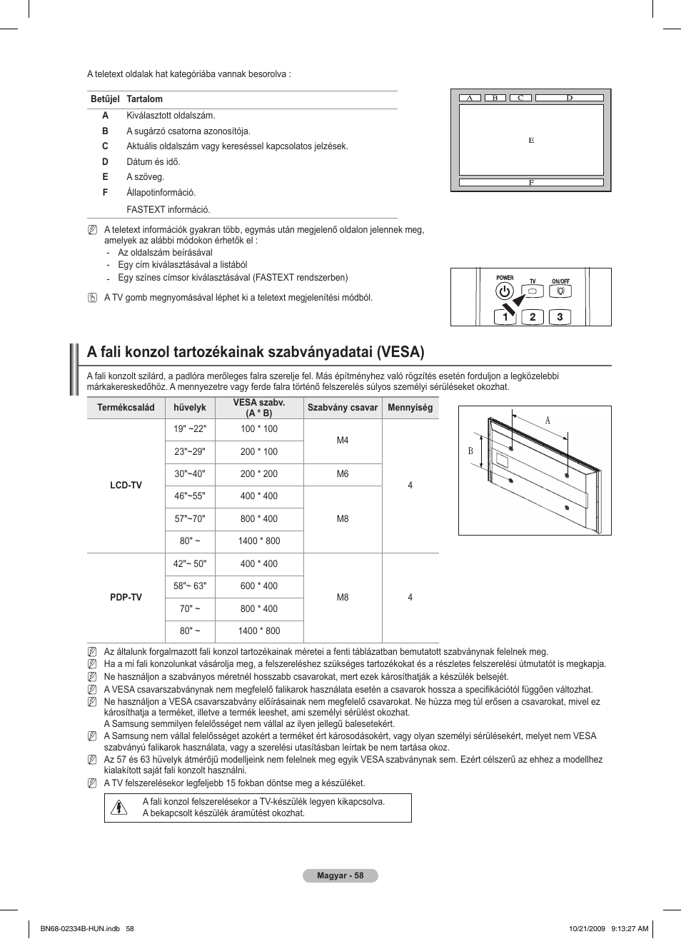 A fali konzol tartozékainak szabványadatai (vesa) | Samsung PS58B850Y1W User Manual | Page 133 / 654