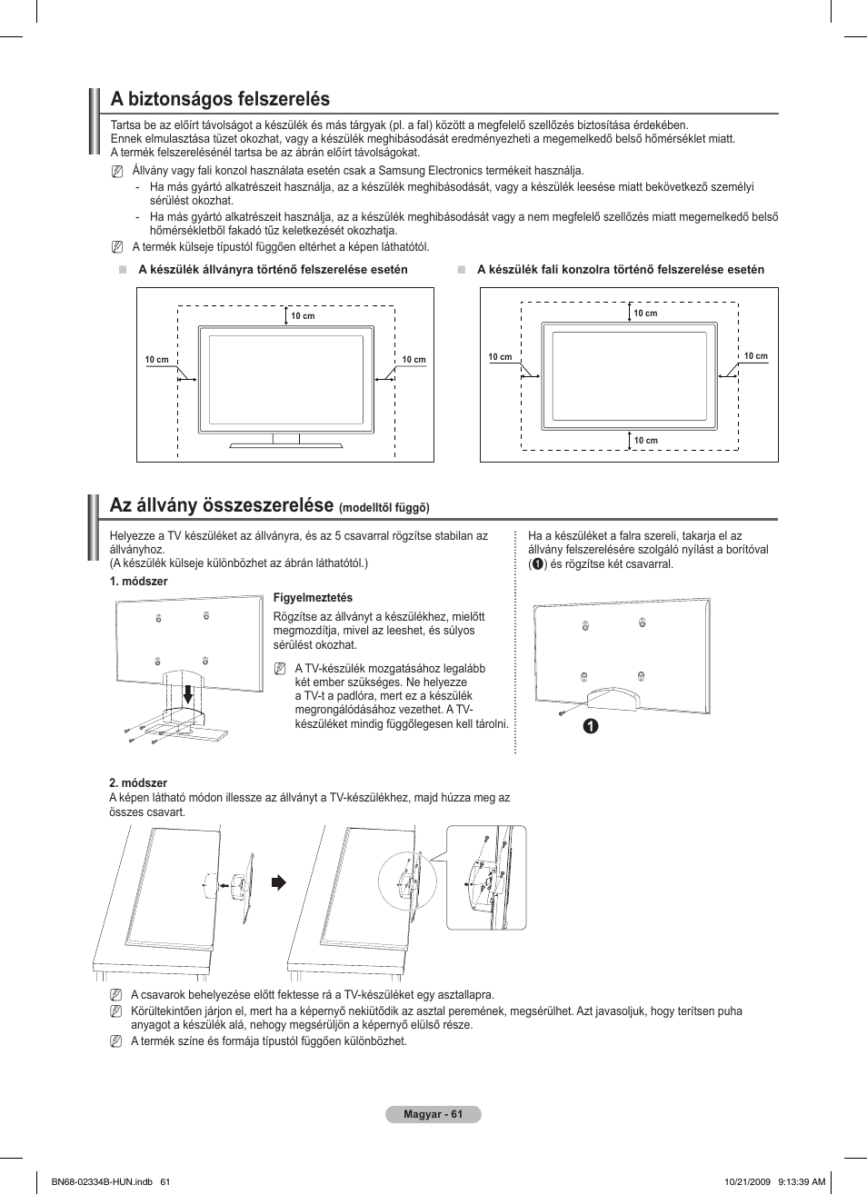 A biztonságos felszerelés, Az állvány összeszerelése | Samsung PS58B850Y1W User Manual | Page 136 / 654