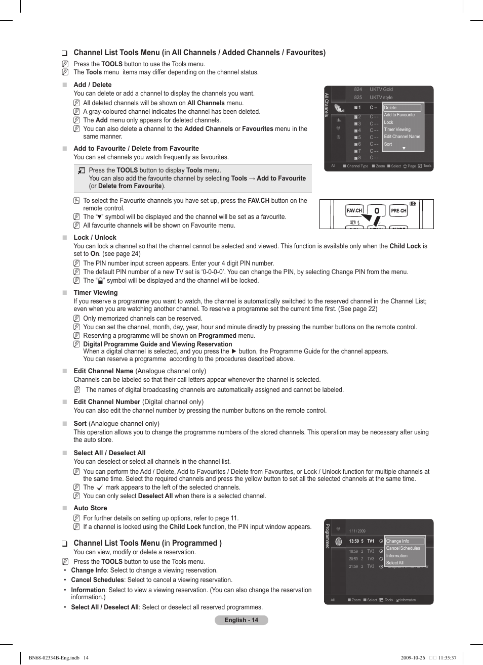 Channel list tools menu ( ❑ in programmed ) | Samsung PS58B850Y1W User Manual | Page 14 / 654