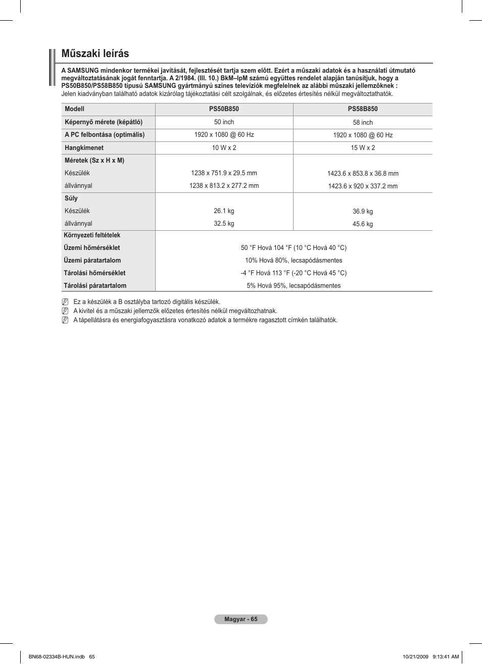 Műszaki leírás | Samsung PS58B850Y1W User Manual | Page 140 / 654