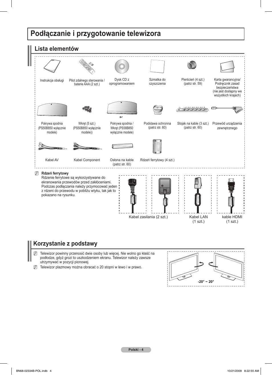 Podłączanie i przygotowanie telewizora, Korzystanie z podstawy, Lista elementów | Samsung PS58B850Y1W User Manual | Page 143 / 654