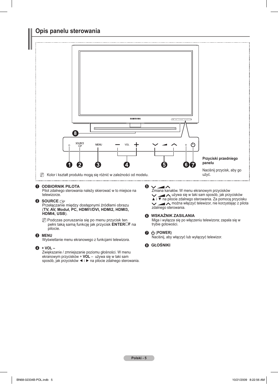 Opis panelu sterowania | Samsung PS58B850Y1W User Manual | Page 144 / 654