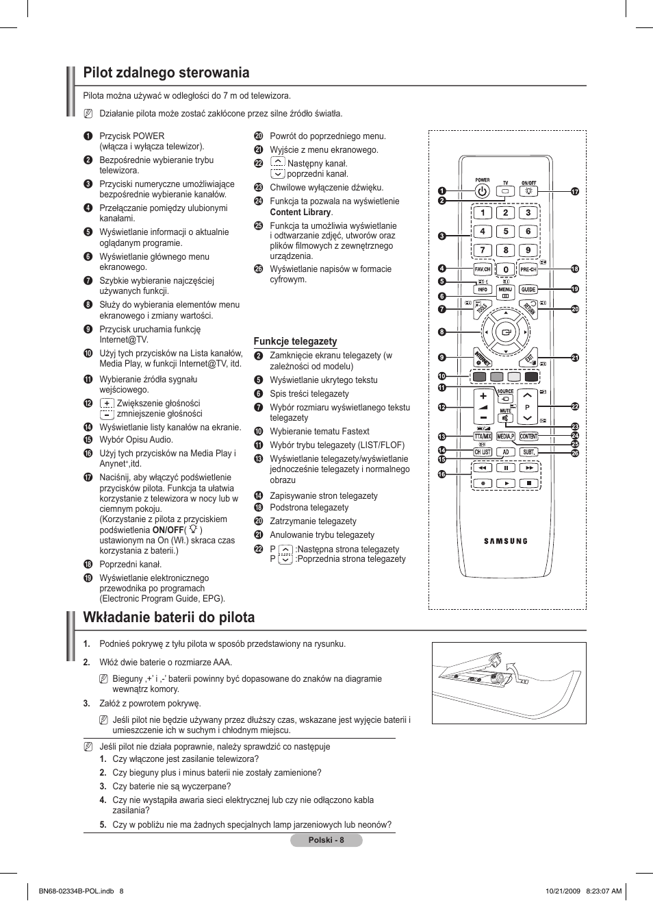 Pilot zdalnego sterowania, Wkładanie baterii do pilota | Samsung PS58B850Y1W User Manual | Page 147 / 654