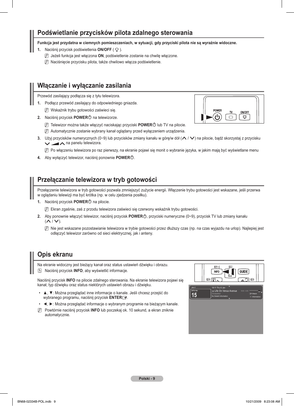 Włączanie i wyłączanie zasilania, Przełączanie telewizora w tryb gotowości, Opis ekranu | Samsung PS58B850Y1W User Manual | Page 148 / 654