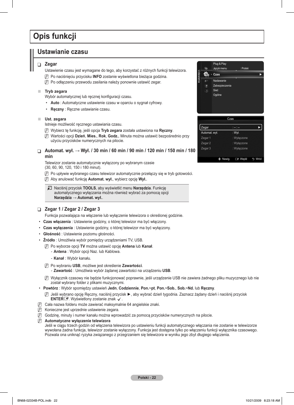 Opis funkcji, Ustawianie czasu | Samsung PS58B850Y1W User Manual | Page 161 / 654