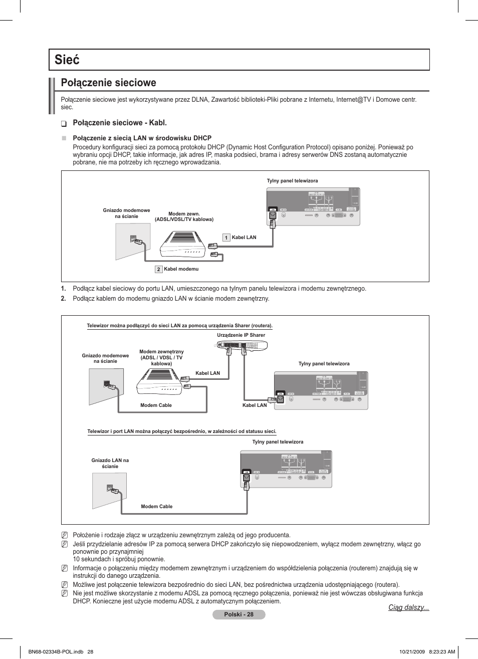 Sieć, Połączenie sieciowe, Połączenie sieciowe - kabl | Samsung PS58B850Y1W User Manual | Page 167 / 654