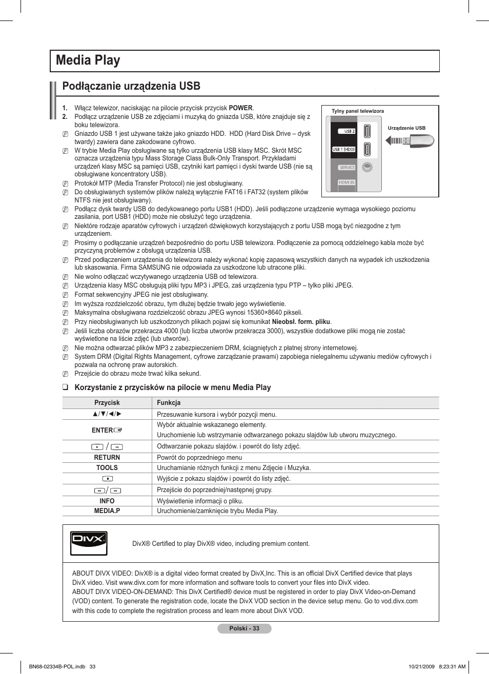 Media play, Podłączanie urządzenia usb | Samsung PS58B850Y1W User Manual | Page 172 / 654