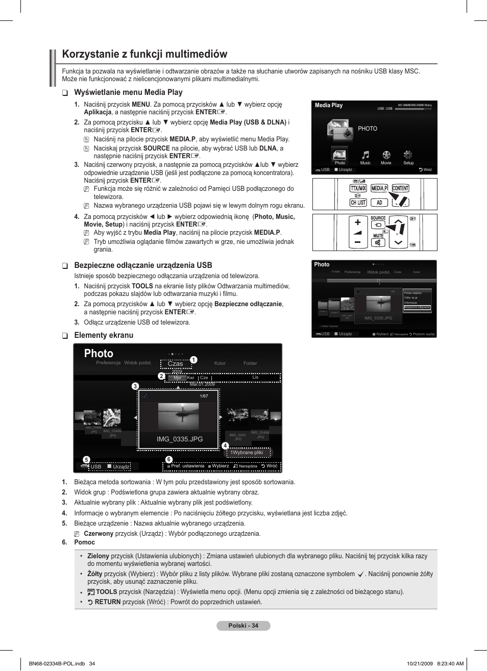 Korzystanie z funkcji multimediów, Photo, Wyświetlanie menu media play | Bezpieczne odłączanie urządzenia usb, Elementy ekranu | Samsung PS58B850Y1W User Manual | Page 173 / 654