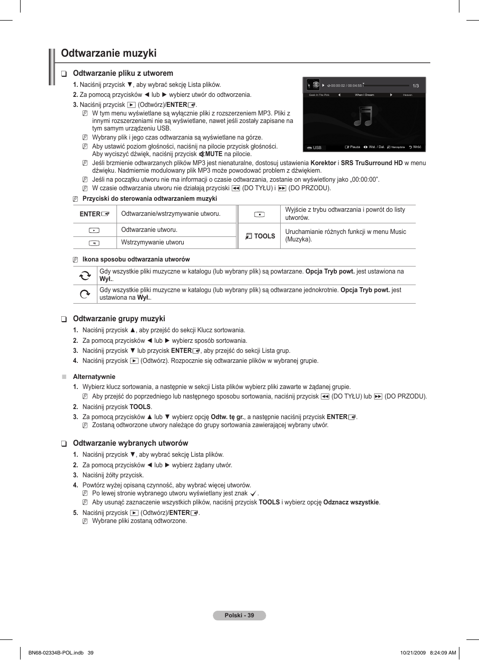 Odtwarzanie muzyki, Odtwarzanie pliku z utworem, Odtwarzanie grupy muzyki | Odtwarzanie wybranych utworów | Samsung PS58B850Y1W User Manual | Page 178 / 654