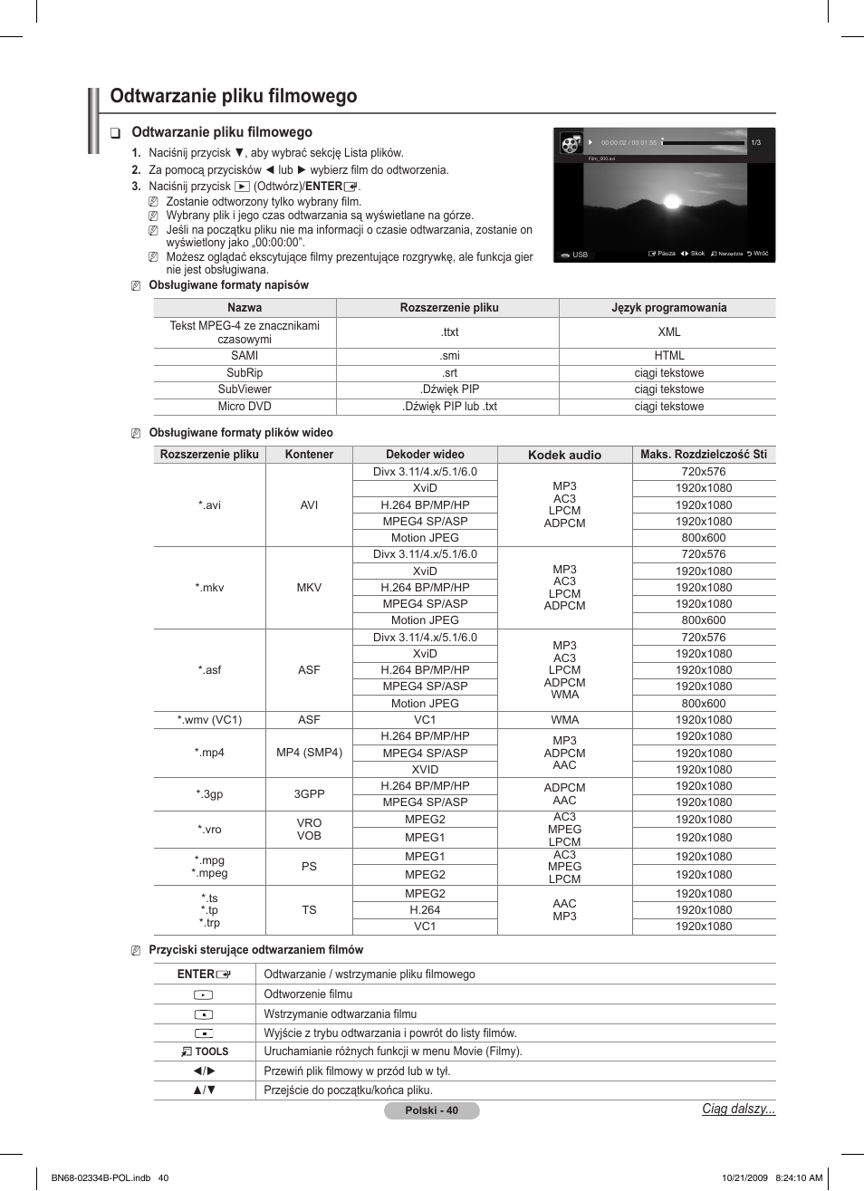 Odtwarzanie pliku filmowego | Samsung PS58B850Y1W User Manual | Page 179 / 654