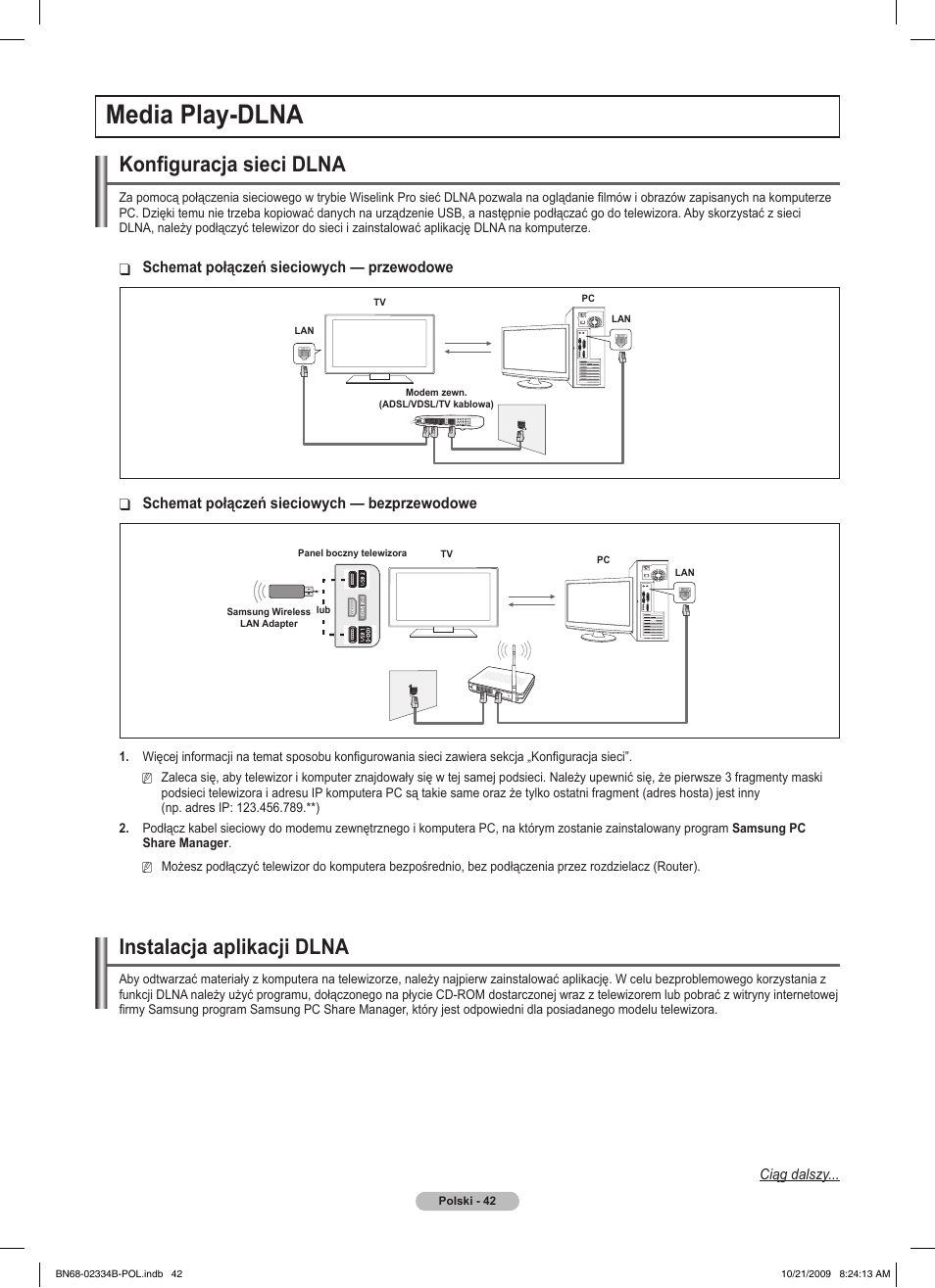 Media play-dlna, Konfiguracja sieci dlna, Instalacja aplikacji dlna | Samsung PS58B850Y1W User Manual | Page 181 / 654