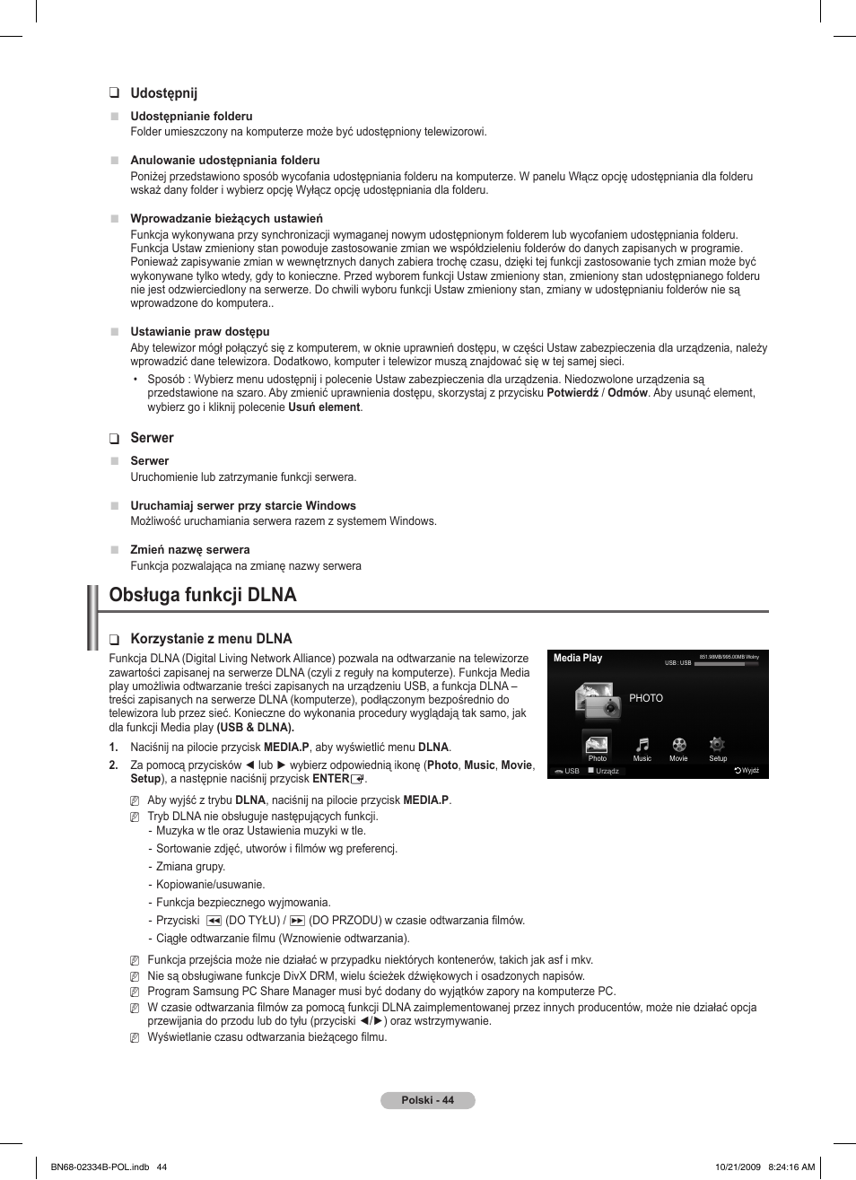 Obsługa funkcji dlna, Udostępnij, Serwer | Korzystanie z menu dlna | Samsung PS58B850Y1W User Manual | Page 183 / 654