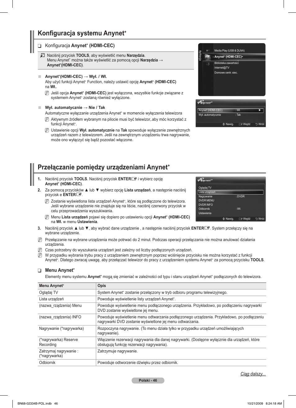 Konfiguracja systemu anynet, Przełączanie pomiędzy urządzeniami anynet, Konfiguracja ❑ anynet | Hdmi-cec), Menu anynet | Samsung PS58B850Y1W User Manual | Page 185 / 654