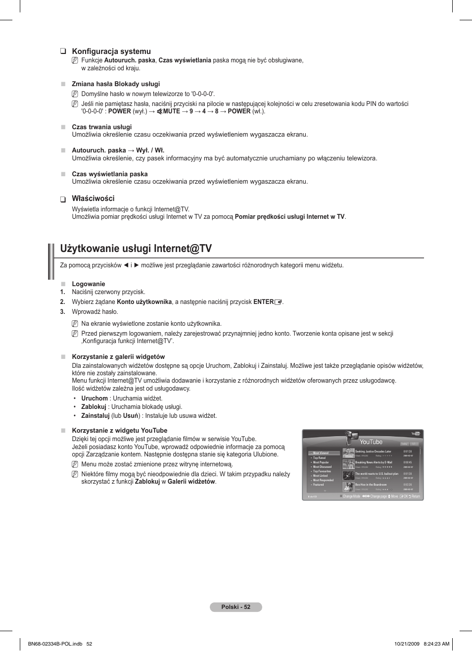 Użytkowanie usługi internet@tv, Konfiguracja systemu, Właściwości | Samsung PS58B850Y1W User Manual | Page 191 / 654