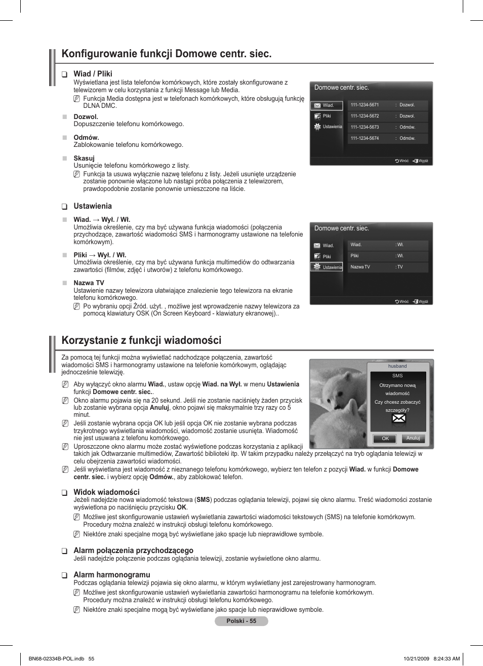 Konfigurowanie funkcji domowe centr. siec, Korzystanie z funkcji wiadomości, Wiad / pliki | Ustawienia, Widok ❑ wiadomości, Alarm połączenia przychodzącego, Alarm harmonogramu | Samsung PS58B850Y1W User Manual | Page 194 / 654