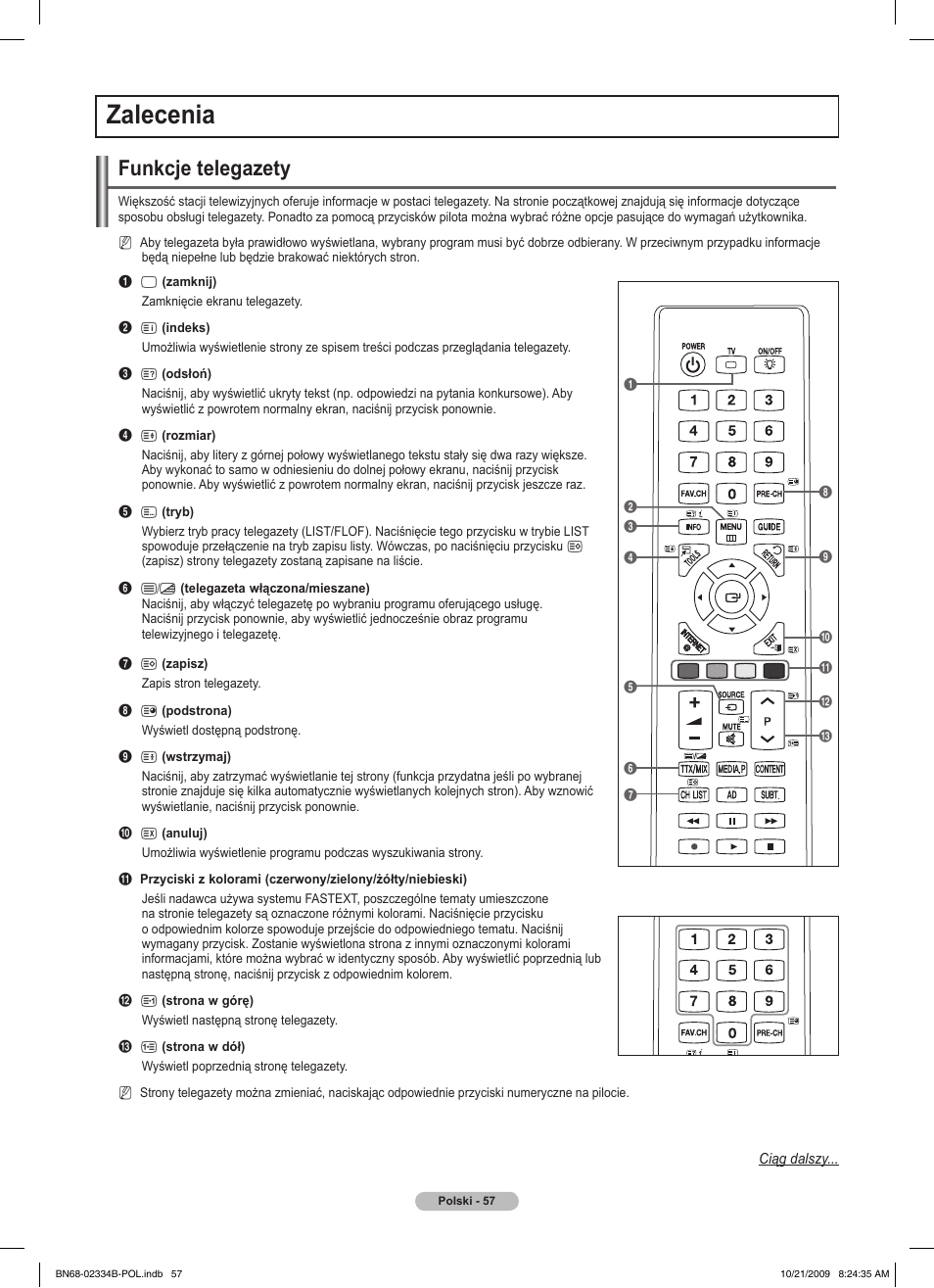 Zalecenia, Funkcje telegazety | Samsung PS58B850Y1W User Manual | Page 196 / 654