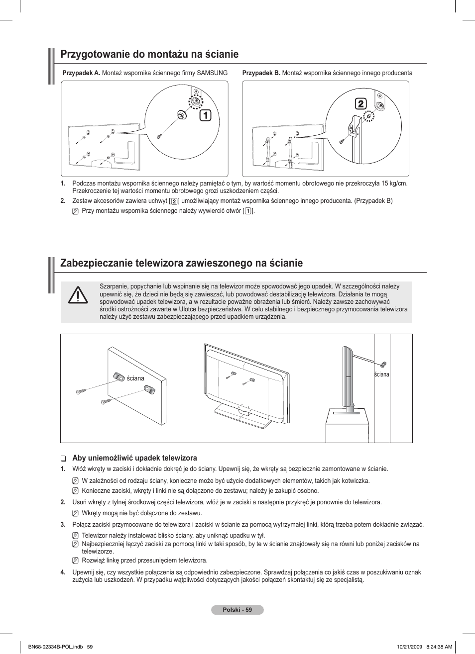 경고 주의 경고 주의, Przygotowanie do montażu na ścianie, Zabezpieczanie telewizora zawieszonego na ścianie | Samsung PS58B850Y1W User Manual | Page 198 / 654