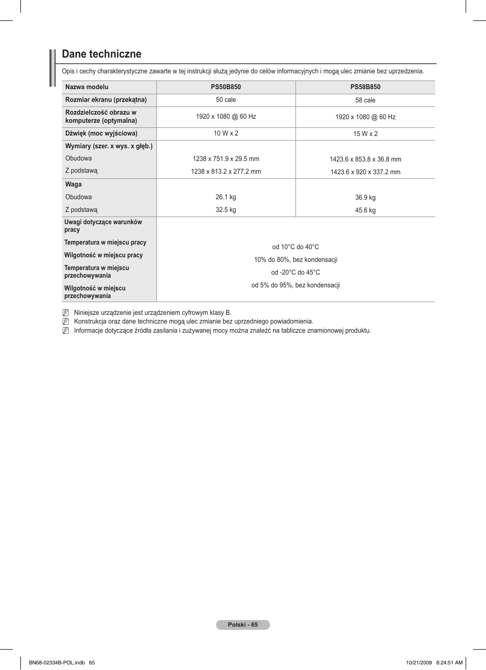 Dane techniczne | Samsung PS58B850Y1W User Manual | Page 204 / 654