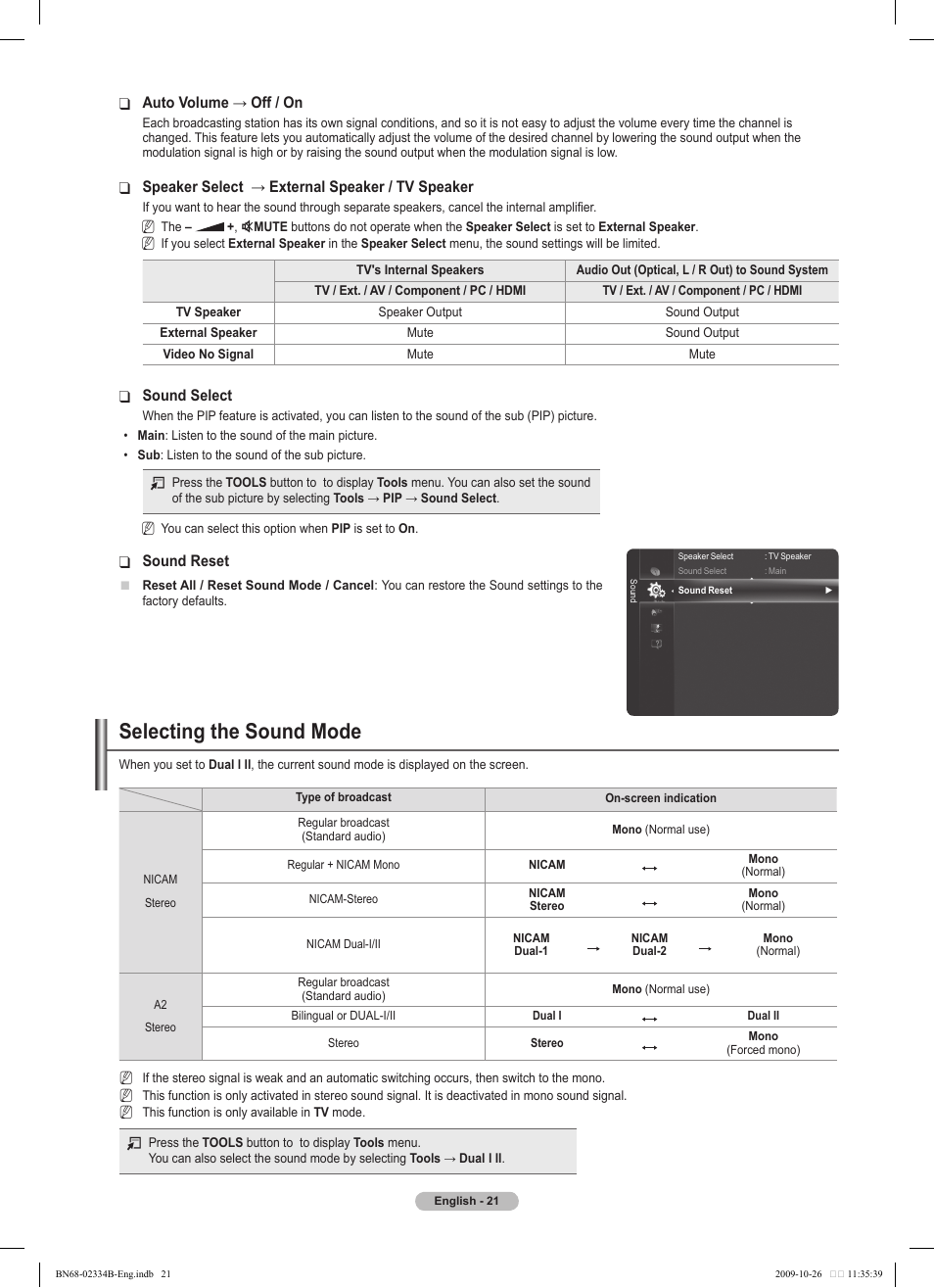 Selecting the sound mode | Samsung PS58B850Y1W User Manual | Page 21 / 654