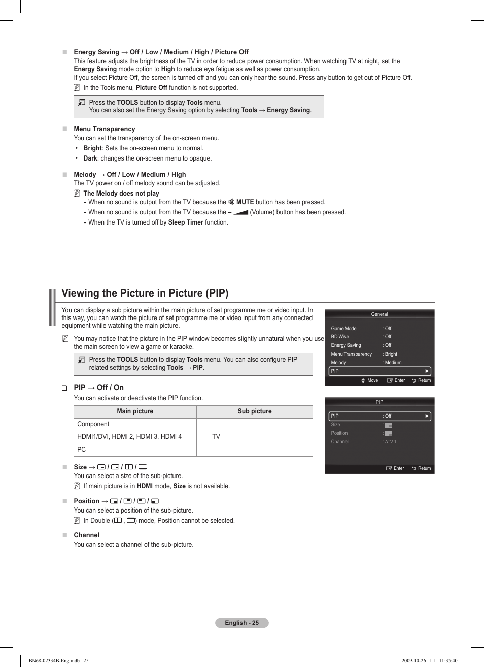 Viewing the picture in picture (pip), Pip → off / on | Samsung PS58B850Y1W User Manual | Page 25 / 654