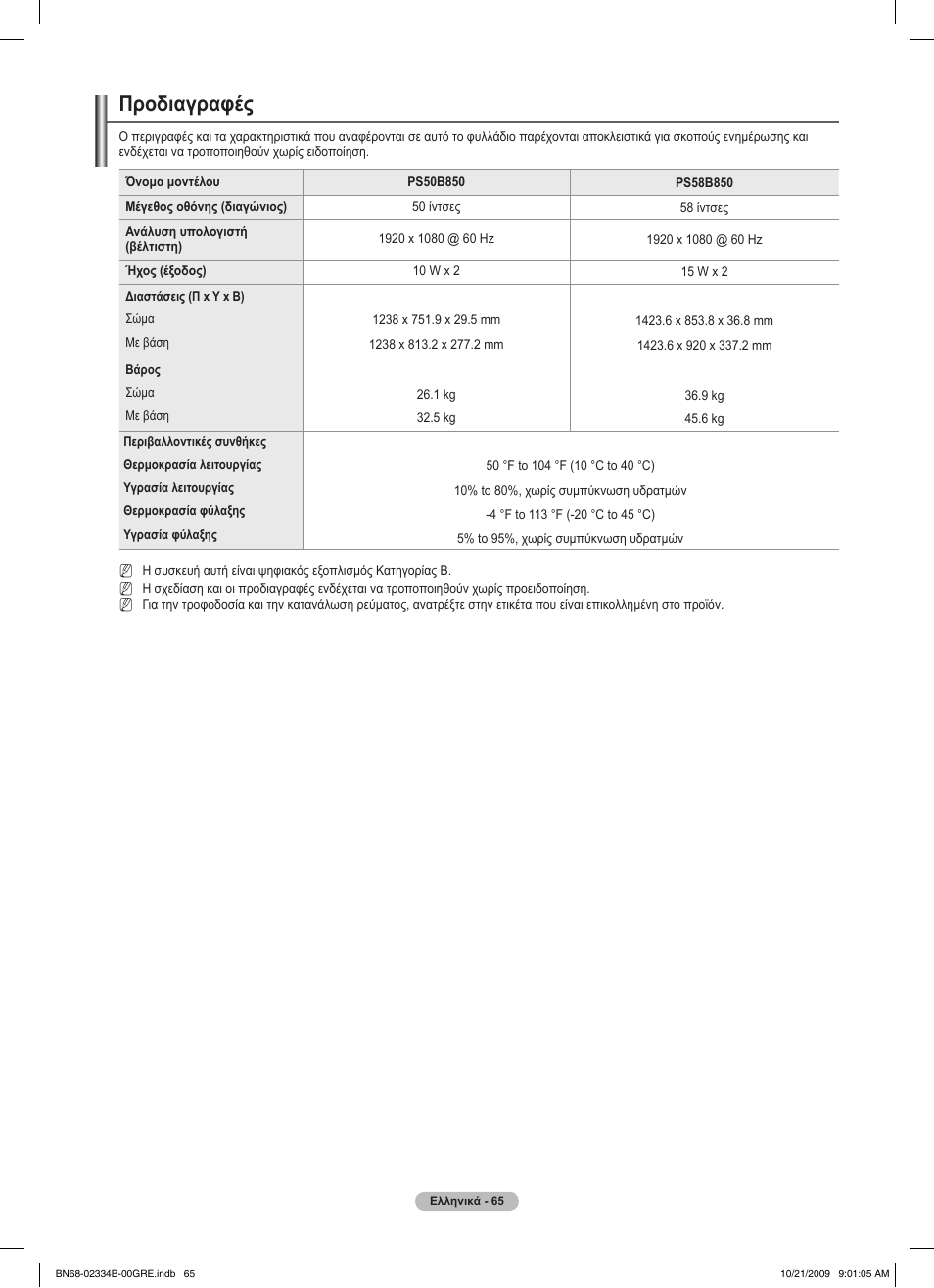 Προδιαγραφές | Samsung PS58B850Y1W User Manual | Page 268 / 654