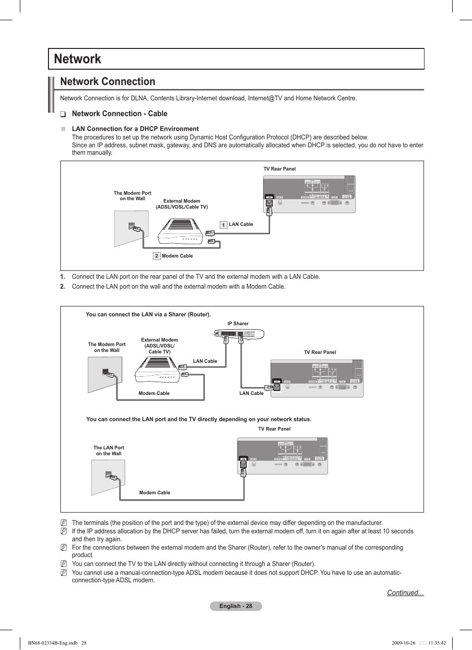 Network, Network connection, Network connection - cable | Samsung PS58B850Y1W User Manual | Page 28 / 654