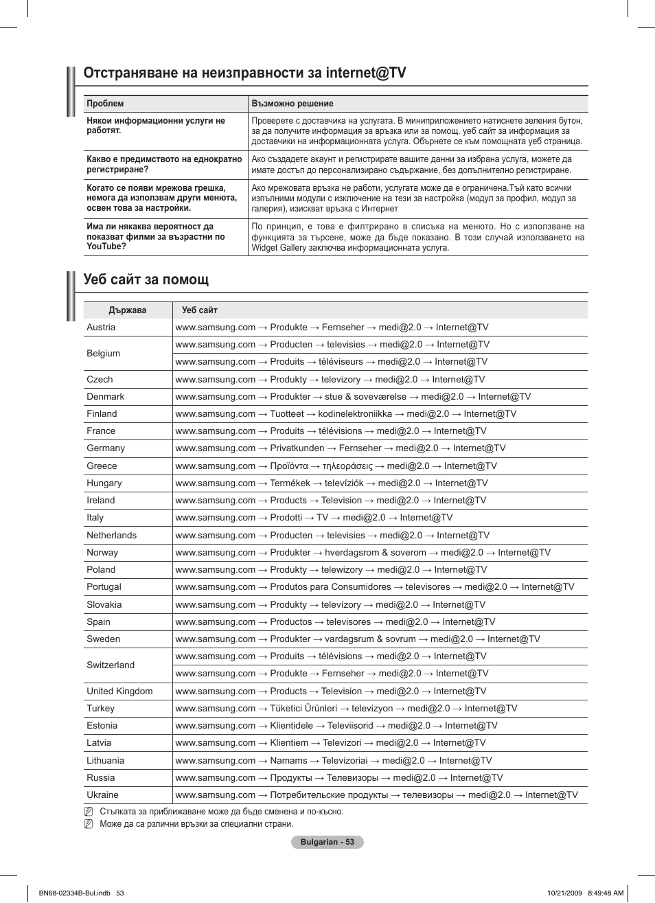 Отстраняване на неизправности за internet@tv, Уеб сайт за помощ | Samsung PS58B850Y1W User Manual | Page 320 / 654