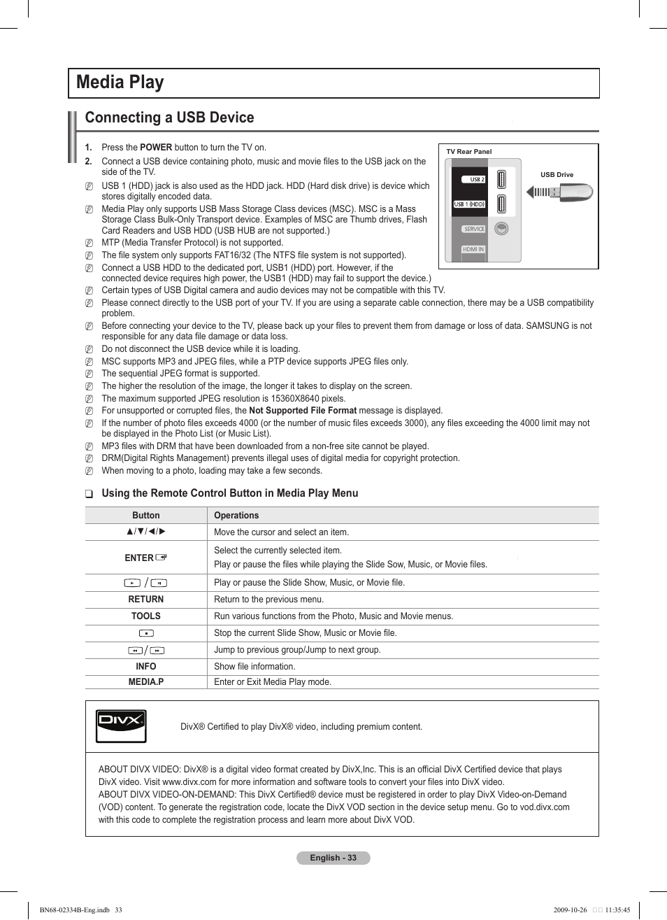 Media play, Connecting a usb device, Using the remote control button in media play menu | Samsung PS58B850Y1W User Manual | Page 33 / 654
