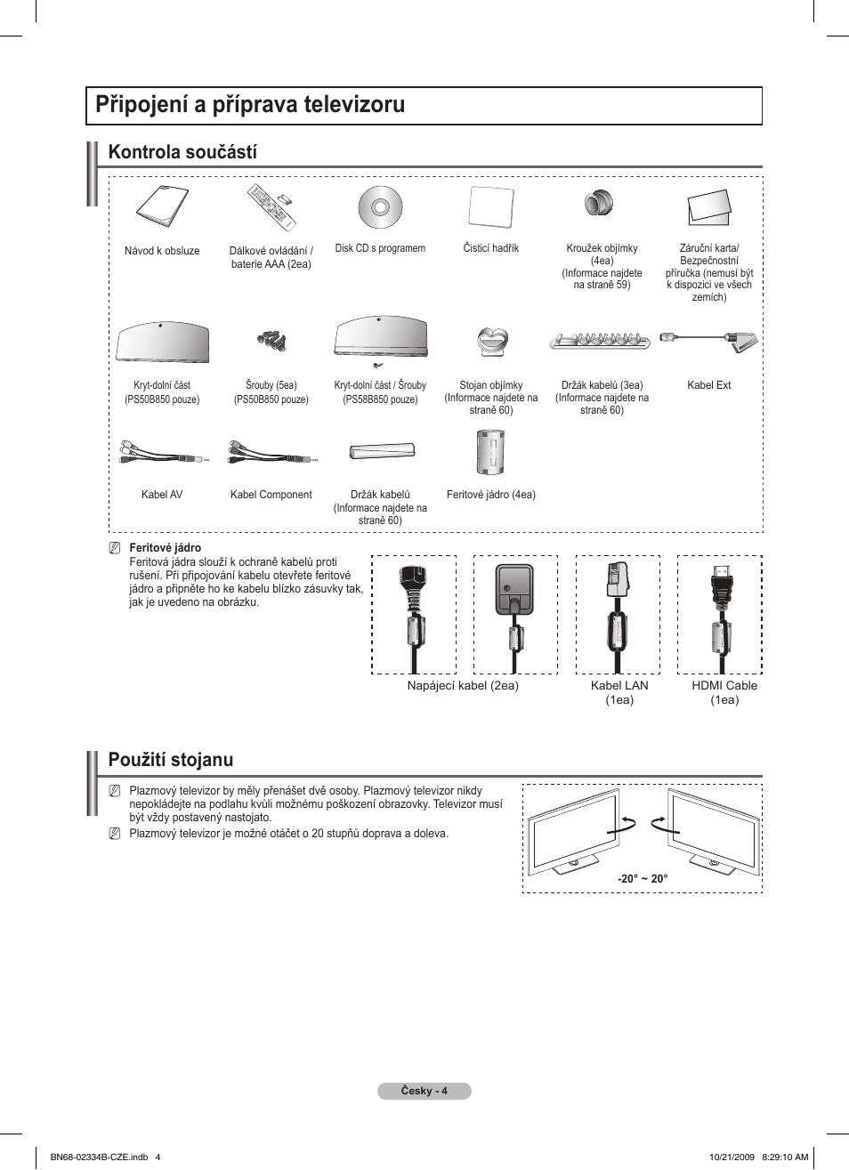 Připojení a příprava televizoru, Použití stojanu, Kontrola součástí | Samsung PS58B850Y1W User Manual | Page 335 / 654