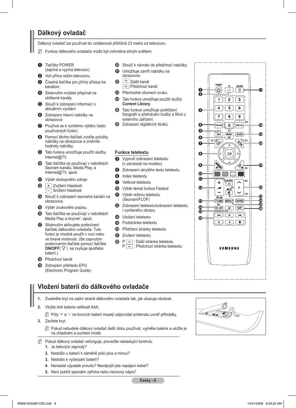 Dálkový ovladač, Vložení baterií do dálkového ovladače | Samsung PS58B850Y1W User Manual | Page 339 / 654