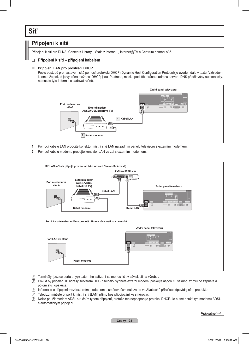 Připojení k sítě, Připojení k síti – připojení kabelem | Samsung PS58B850Y1W User Manual | Page 359 / 654