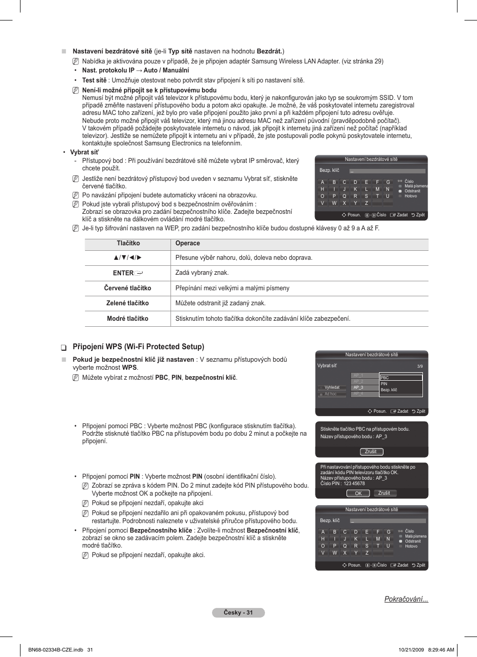 Připojení wps (wi-fi protected setup), Pokračování | Samsung PS58B850Y1W User Manual | Page 362 / 654