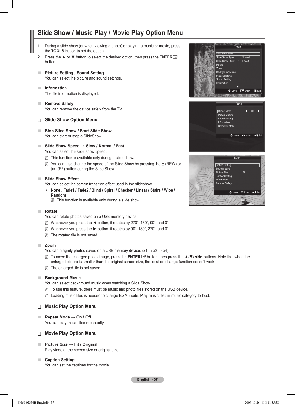 Slide show / music play / movie play option menu, Slide show option menu, Music play option menu | Movie play option menu | Samsung PS58B850Y1W User Manual | Page 37 / 654