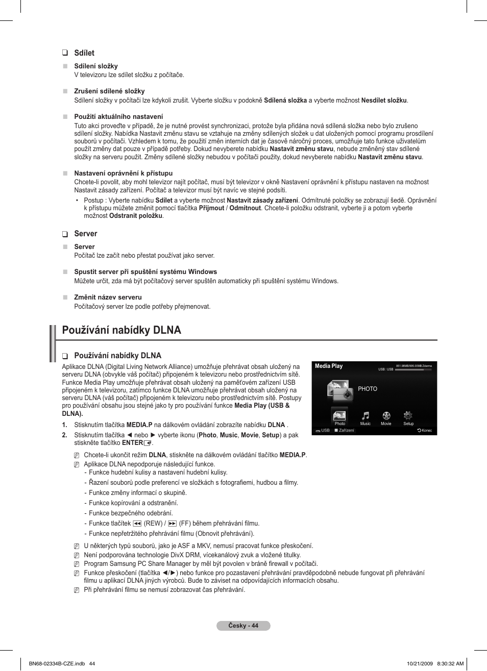 Používání nabídky dlna, Sdílet, Server | Samsung PS58B850Y1W User Manual | Page 375 / 654