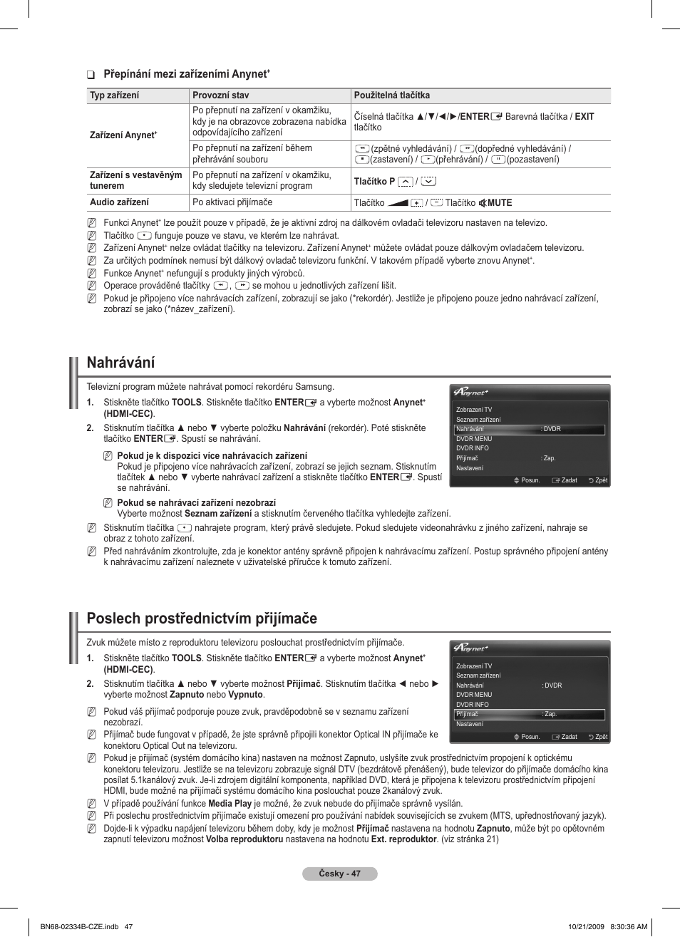 Nahrávání, Poslech prostřednictvím přijímače, Přepínání mezi zařízeními anynet | Samsung PS58B850Y1W User Manual | Page 378 / 654