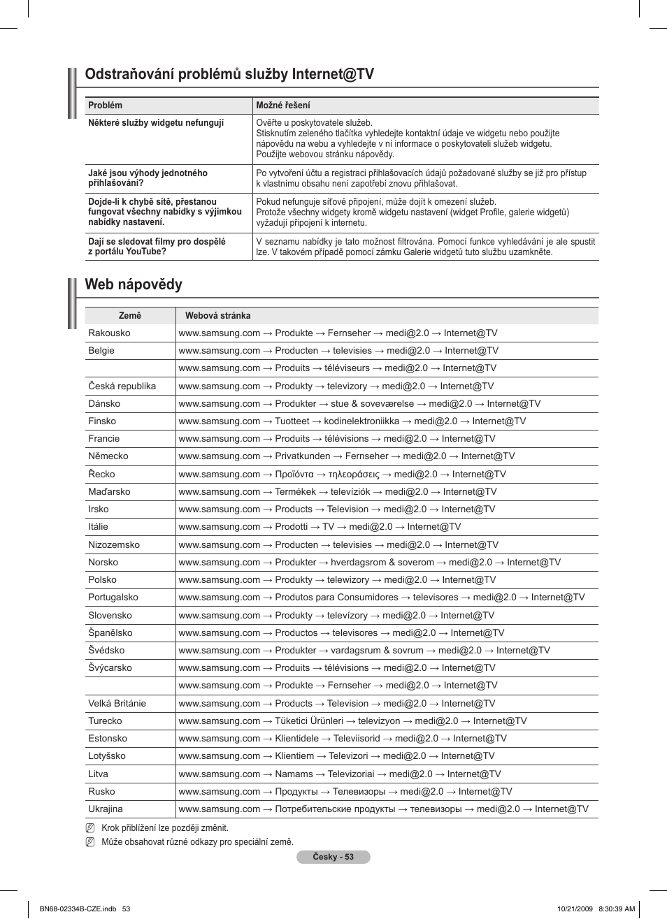 Odstraňování problémů služby internet@tv, Web nápovědy | Samsung PS58B850Y1W User Manual | Page 384 / 654