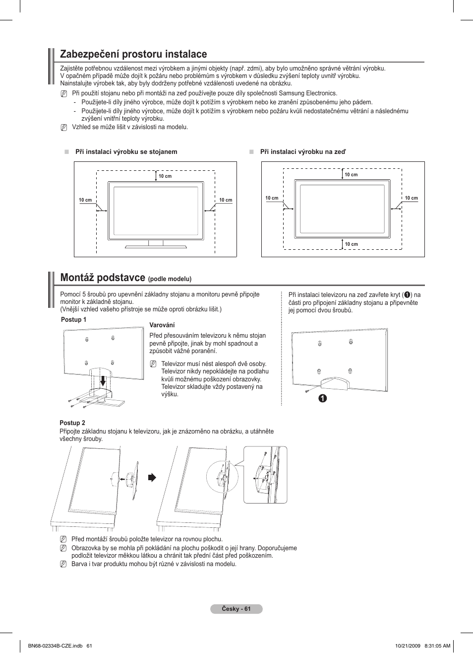 Zabezpečení prostoru instalace, Montáž podstavce | Samsung PS58B850Y1W User Manual | Page 392 / 654