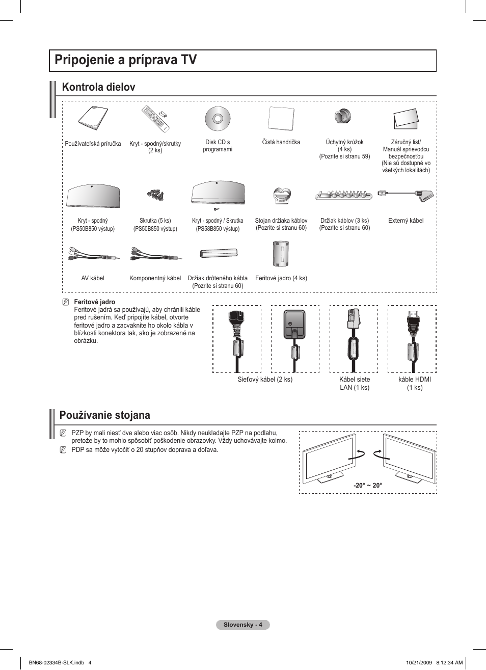 Pripojenie a príprava tv, Kontrola dielov, Používanie stojana | Samsung PS58B850Y1W User Manual | Page 399 / 654