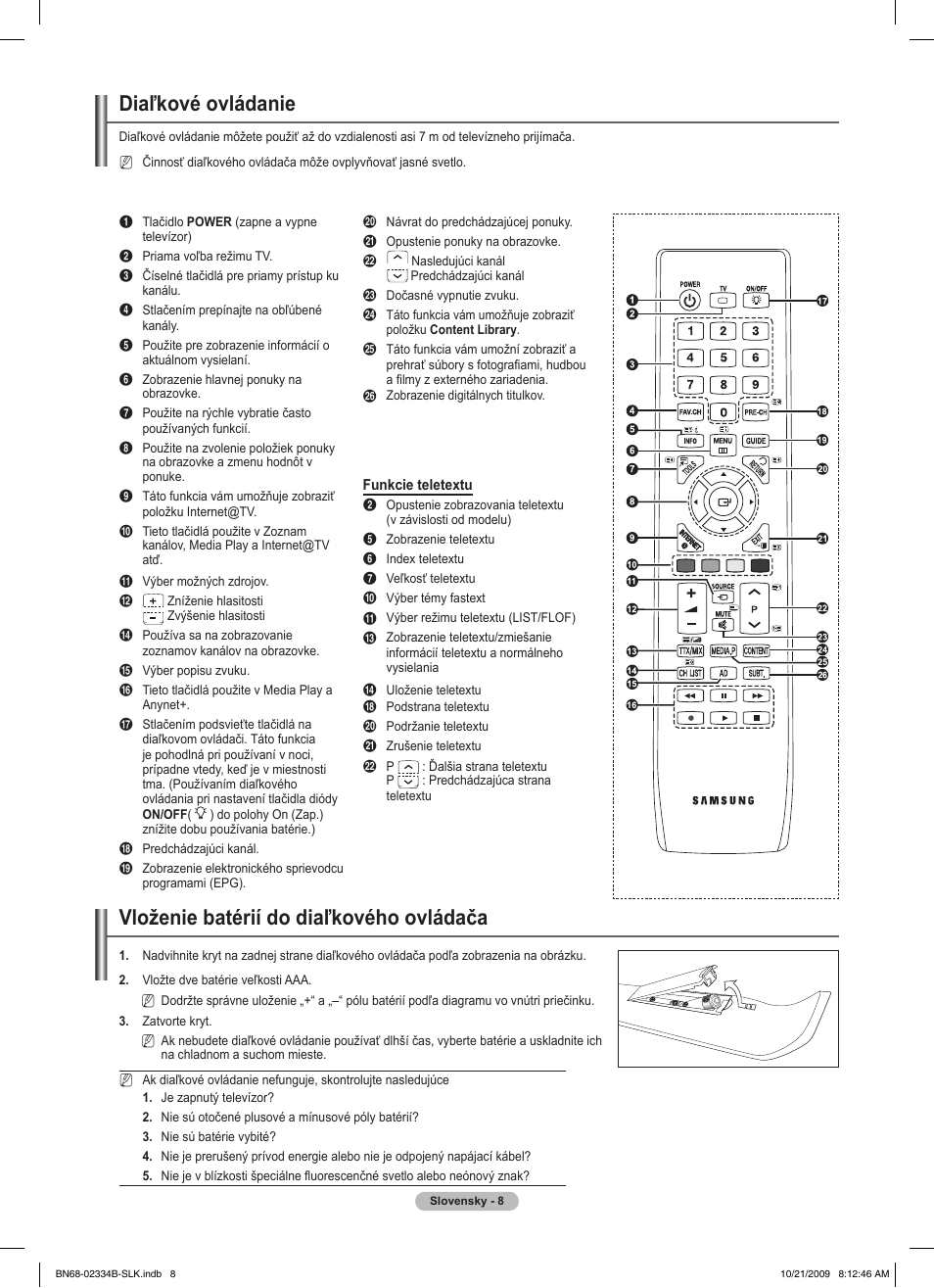 Diaľkové ovládanie, Vloženie batérií do diaľkového ovládača | Samsung PS58B850Y1W User Manual | Page 403 / 654