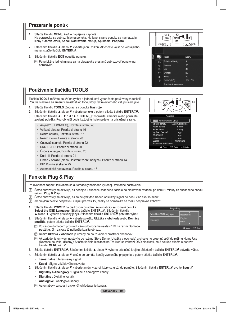 Prezeranie ponúk, Používanie tlačidla tools, Funkcia plug & play | Samsung PS58B850Y1W User Manual | Page 405 / 654