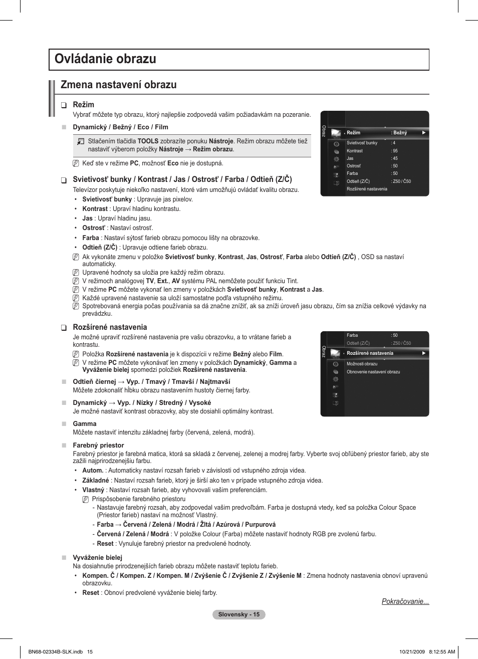 Ovládanie obrazu, Zmena nastavení obrazu | Samsung PS58B850Y1W User Manual | Page 410 / 654