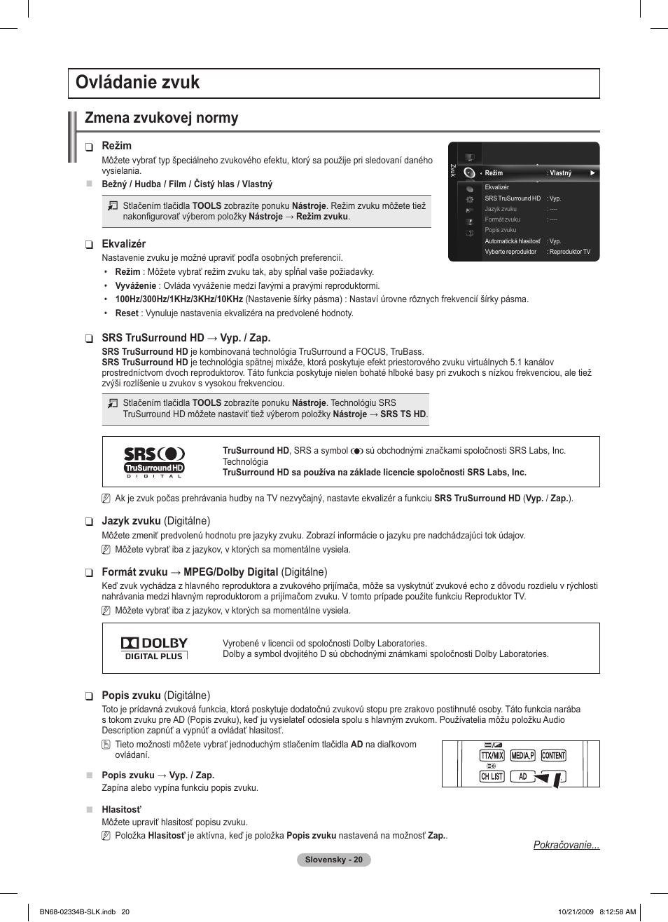 Ovládanie zvuk, Zmena zvukovej normy | Samsung PS58B850Y1W User Manual | Page 415 / 654