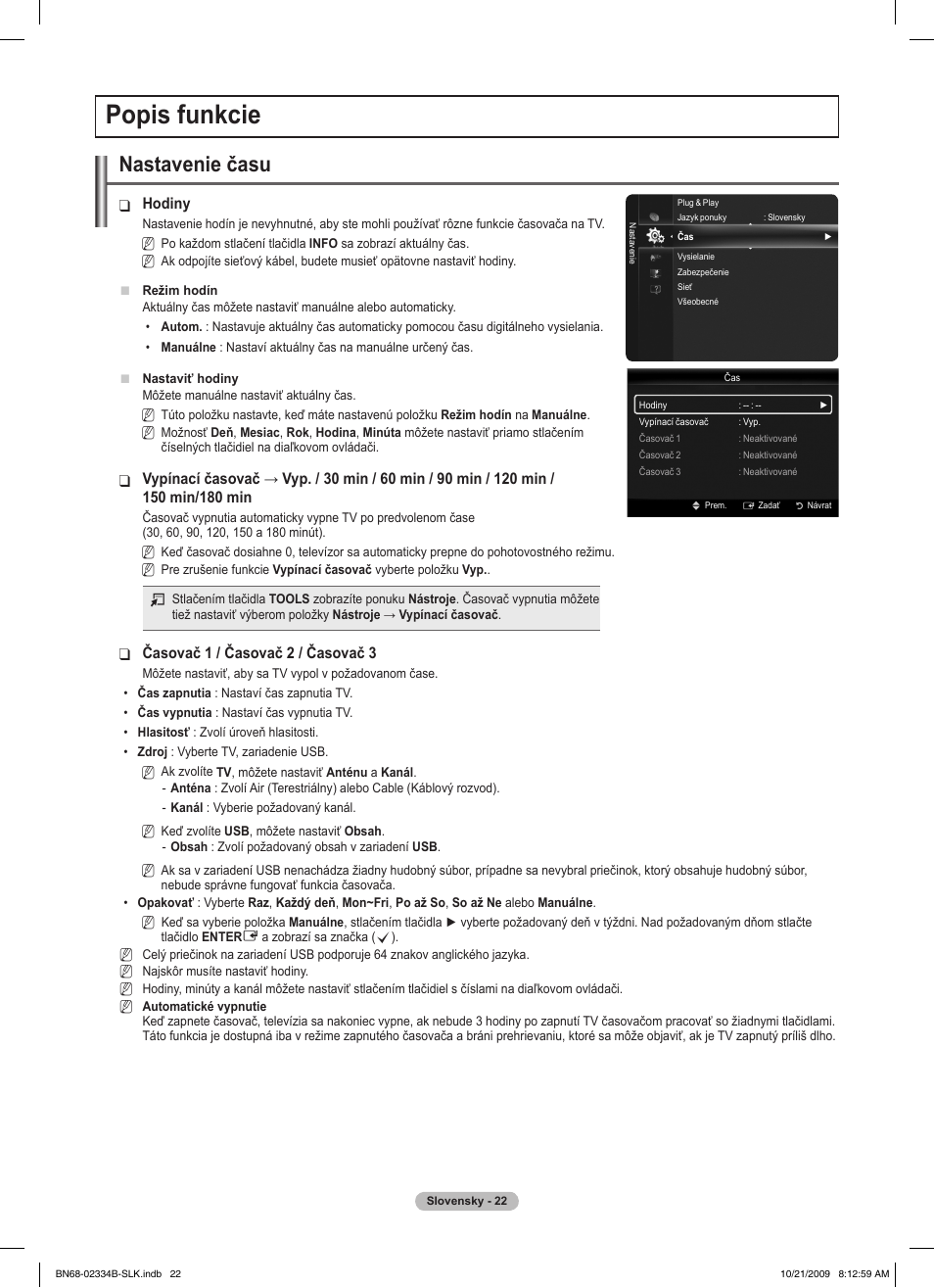 Popis funkcie, Nastavenie času | Samsung PS58B850Y1W User Manual | Page 417 / 654