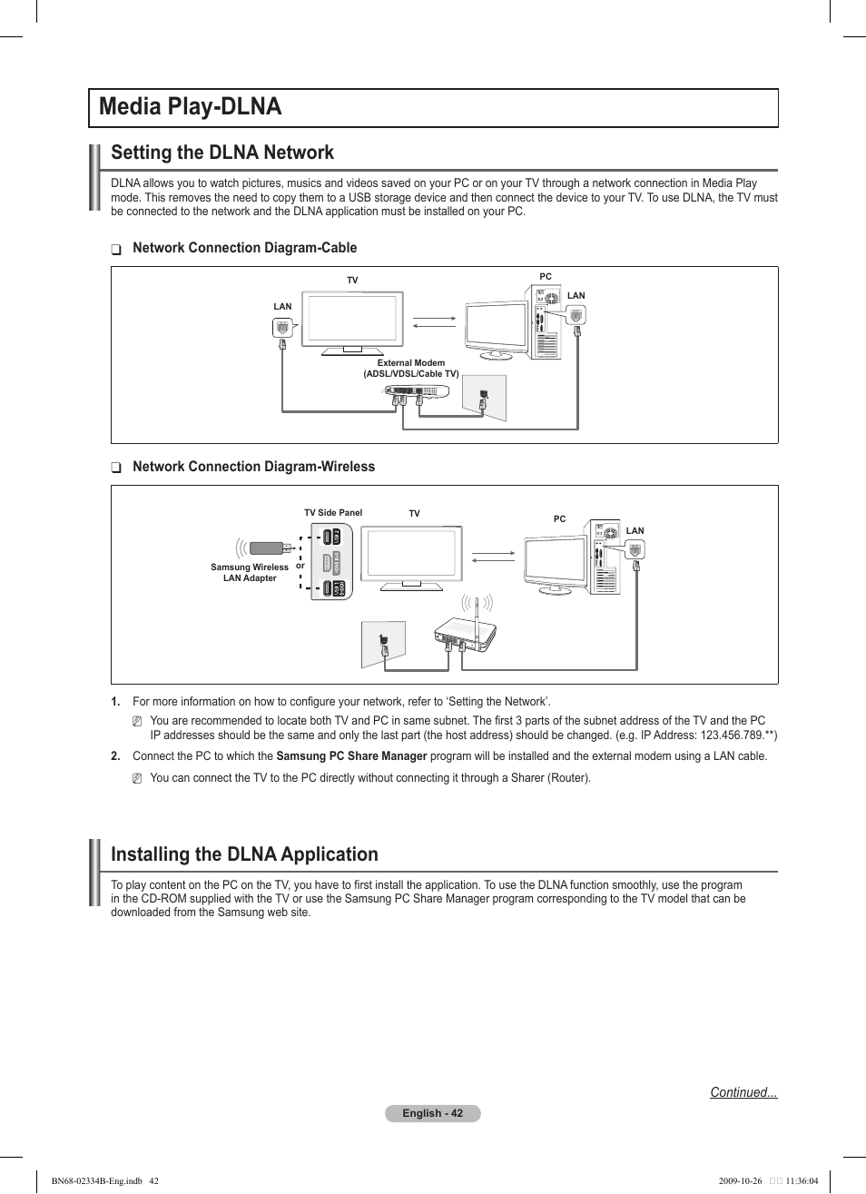 Media play-dlna, Setting the dlna network, Installing the dlna application | Samsung PS58B850Y1W User Manual | Page 42 / 654