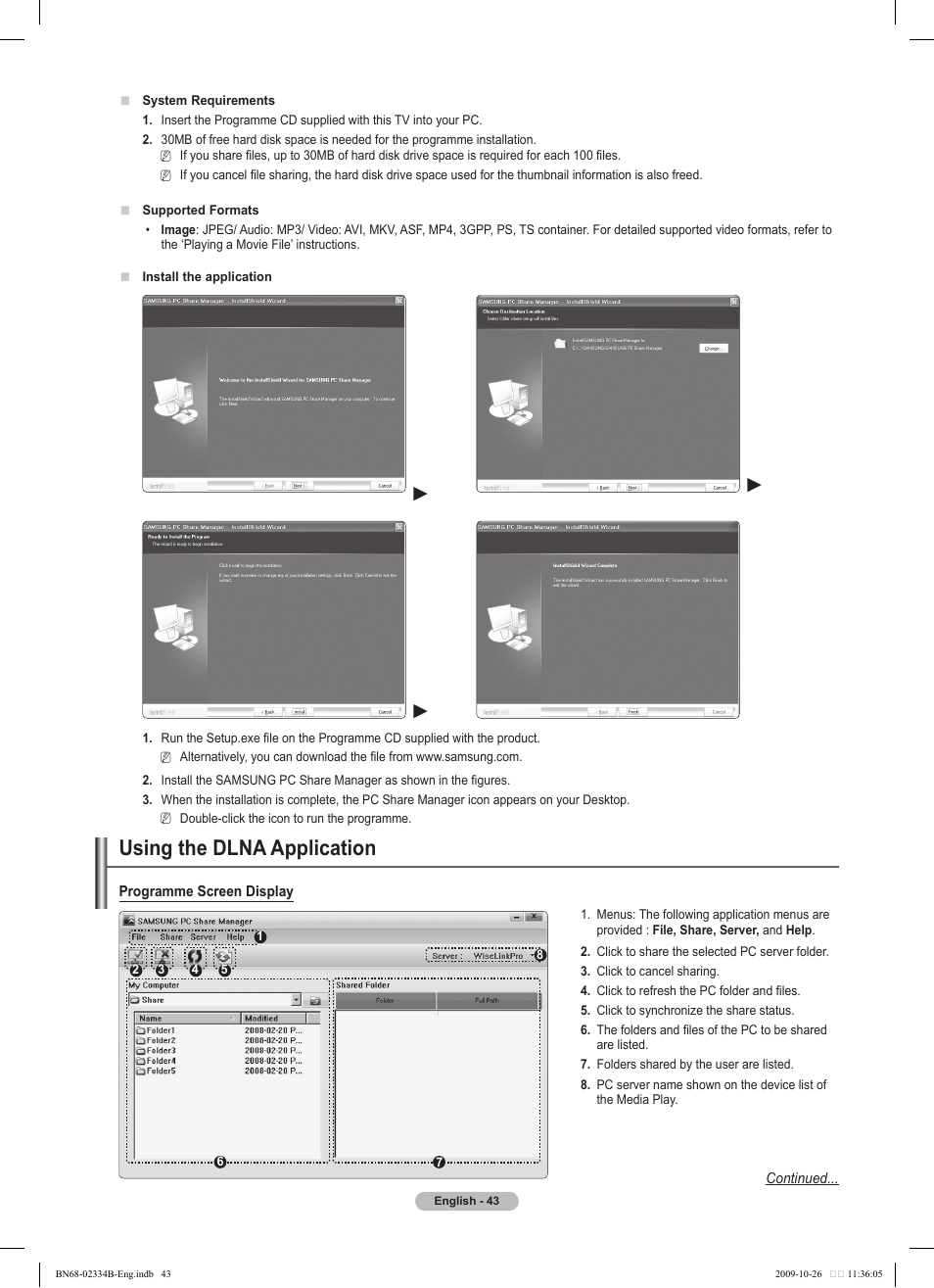 Using the dlna application | Samsung PS58B850Y1W User Manual | Page 43 / 654